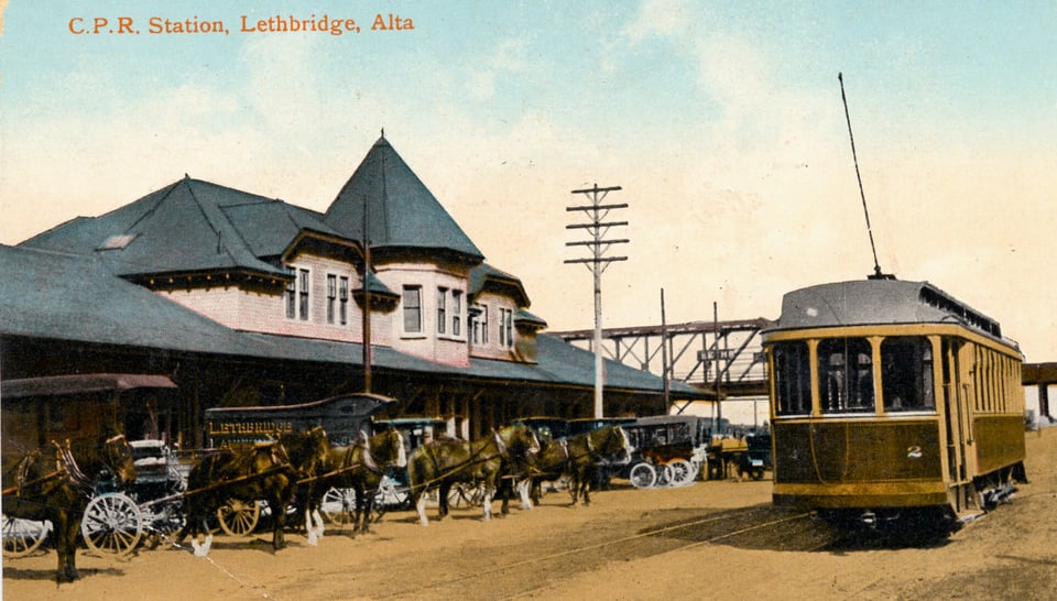 he Canadian Pacific train station, complete with horse-and-buggy cabs and a streetcar, as depicted in 1915, the year Stanley Knowlton arrives in Lethbridge.