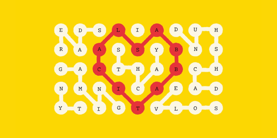 The Strands word search puzzle, making a heart shape.