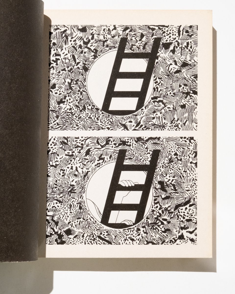 A page from Don't Come In Here by Patrick Kyle. A ladder emerging out of a hole is slowly being climbed by someone