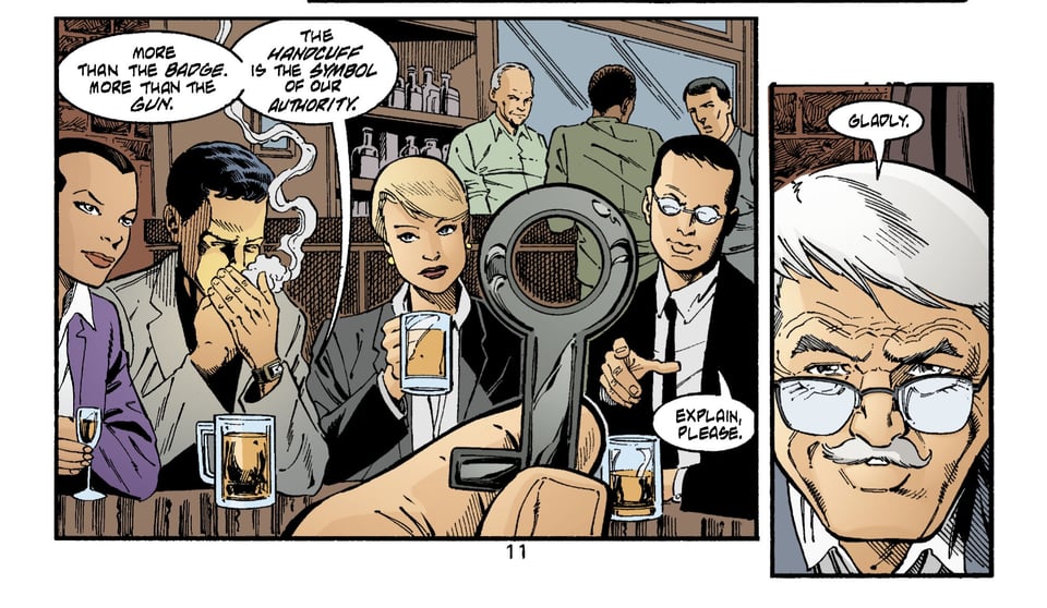 Two panels from a Batman comic. Commissioner Gordon holds up a handcuff key and says "More than the badge, more than the gun. The handcuff is the symbol of our authority." One cop asks him to explain, and he says "Gladly."