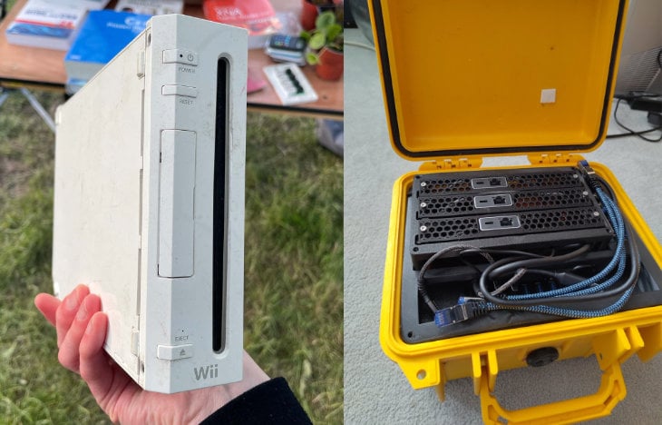 Une wii U et une malette jaune avec de l'electronique dedans