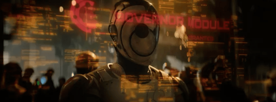 A helmeted figure stands in a crowd. Overlaid is a wall of orange and red text. The only readable phrase is "governor module."