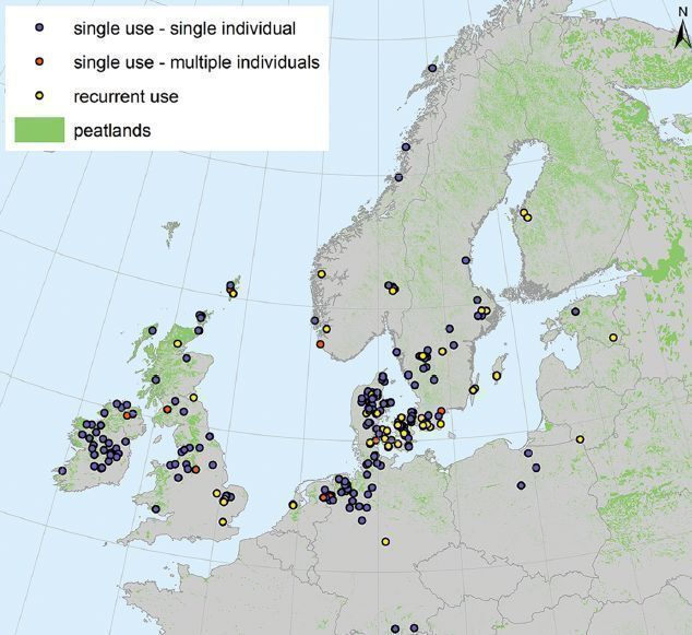 Map of some of the sites with bog bodies that were studied in relation to peatlands across Northern Europe, differentiated via site type.