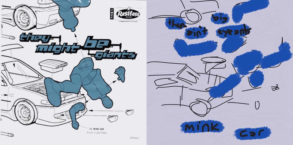 A pen and ink diagram of a car in "blown up" format -- parts of the car, like headlights, have been removed with arrows pointing to where they go. In front of the car, there is also drawing of a "blown up" mannequin, with arms and legs removed and arrows pointing to the body. The humorous implication is that the car hit the mannequin and it is flying through the air. At the bottom of the picture is the legend "13. MINK CAR - IT'S ALL IN YOUR HEAD"