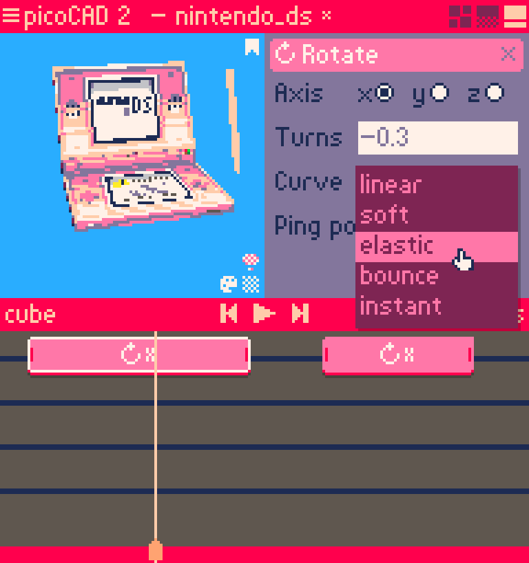 Screenshot from the animation system in picoCAD 2