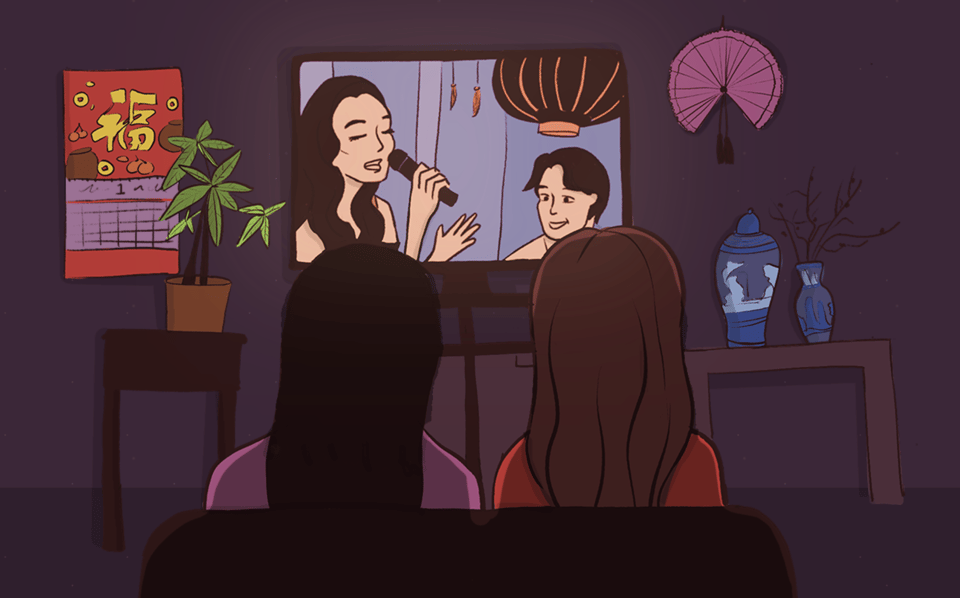 Two people watching television with Asian actors appearing onscreen