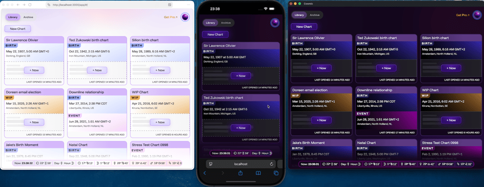 Cosmic astrology software sync'ed across a desktop web browser, iPhone web browser, and a desktop app.