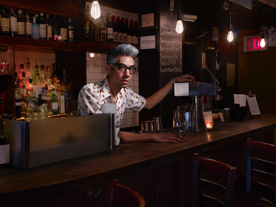 Owner David Moo behind the bar at Quarter Bar cocktail bar in Park Slope, Brooklyn, 2016. Photo by Doron Gild.