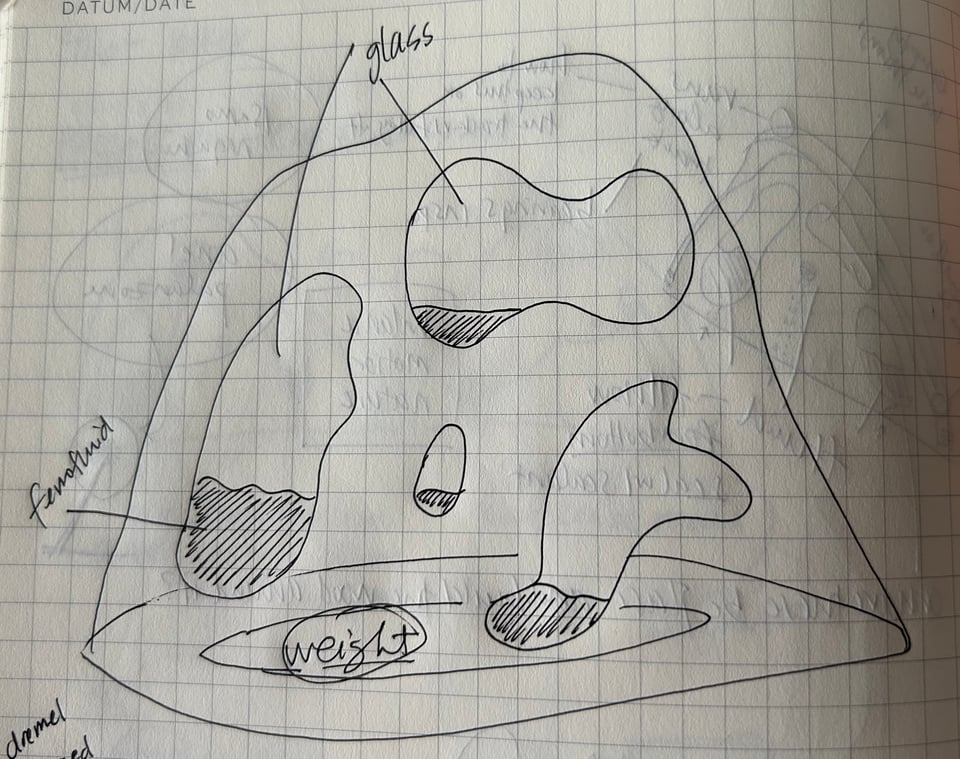 a sketch of a sculpture that shows a wooden lump, with organic weird shapes across it