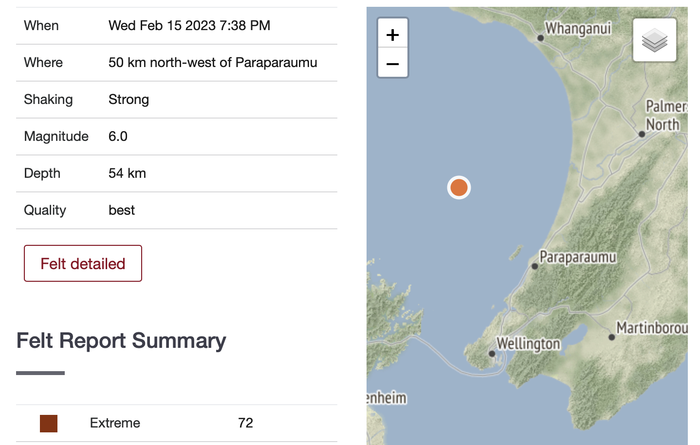 Earthquake details screenshot. 