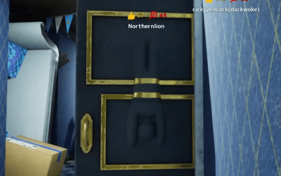 A picture of the video-game Meccha Chameleon, with a video-game figure attached to a door, painted to look like the door.