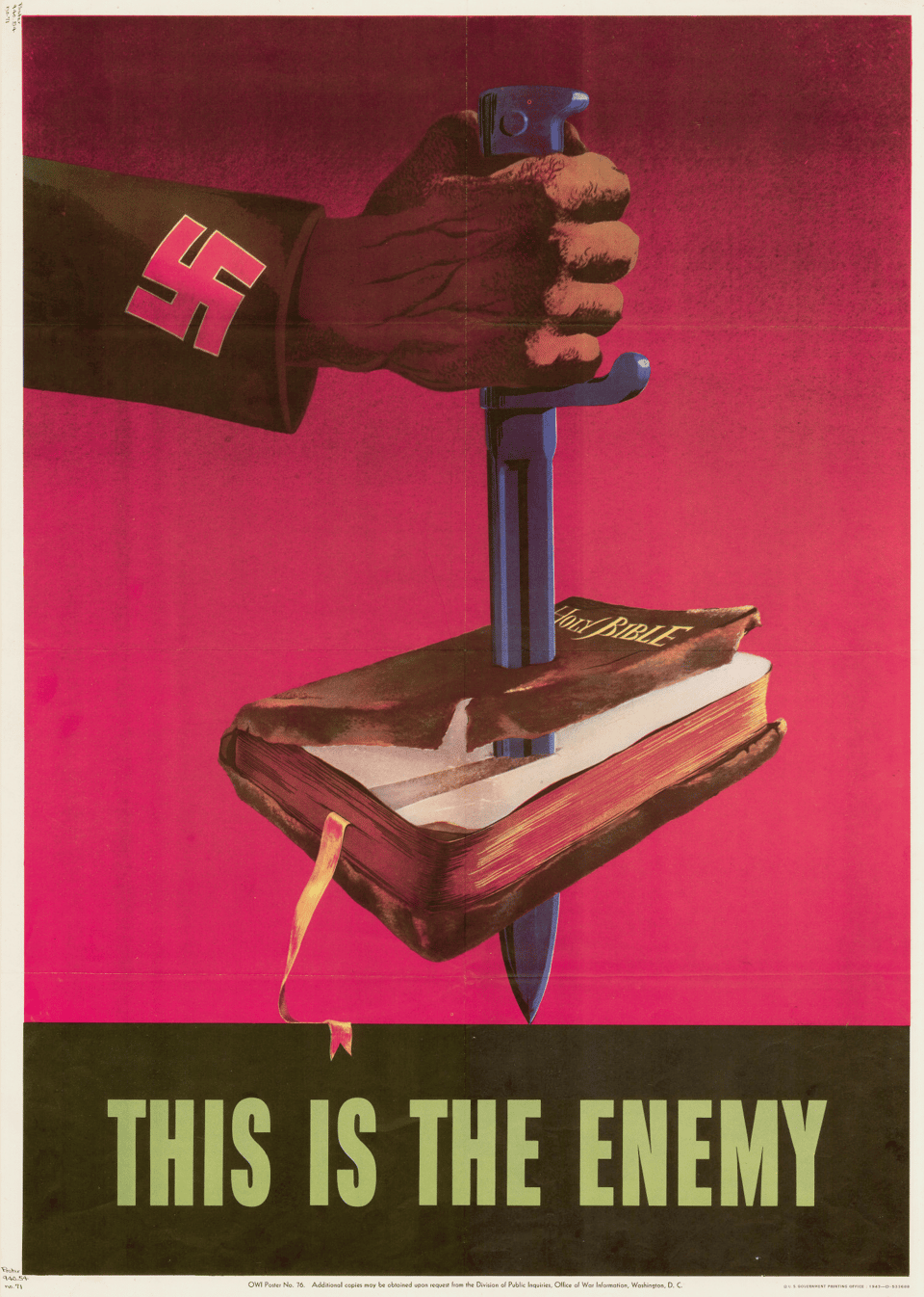 Image of a Nazi-banded arm with a knife in its hand. The knife is slicing through the Holy Bible, and beneath the image are the words "This Is The Enemy."