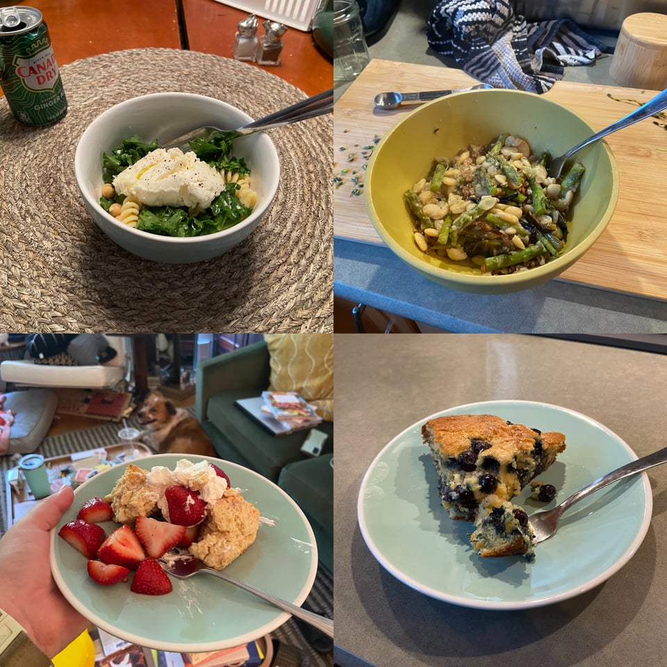 A grid of four photos, each showing a meal. The top two are a pasta bowl and a grain bowl, the bottom two are strawberry shortcake on the left and a slice of blueberry cake on the right.