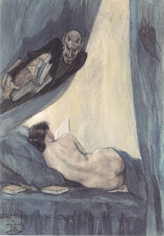 A naked woman lying on her bed, reading a book while being watched by a devilish figure also holding books.