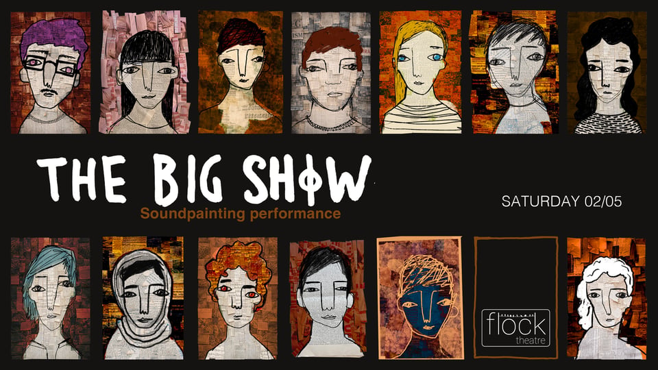 a black background with 13 illustrated faces