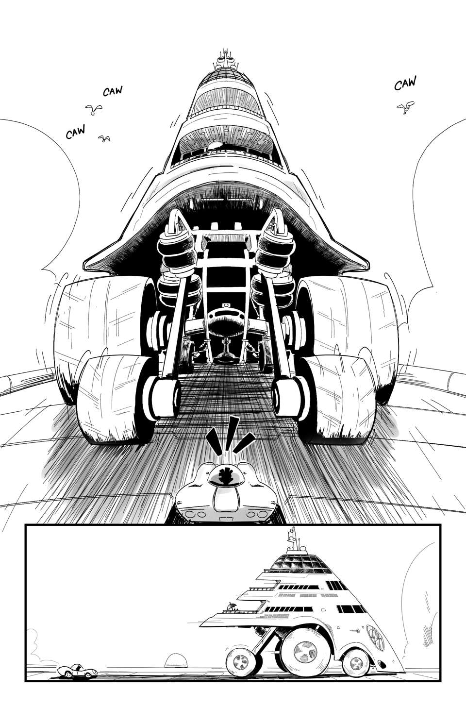 World Racers pg 4. Panel 1 in front of Racecar and Tess a giant yacht sized vehicle with 6 wheels, and multiples decks looms above them. Seagulls 'caw' around it. Panel 2, a side view of Racecar and this giant yacht car.