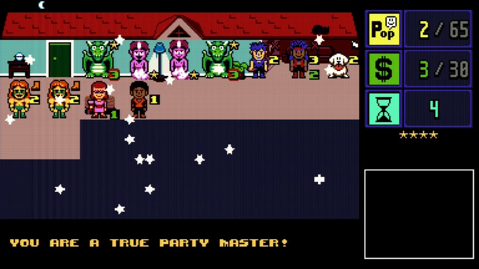 The victory screen when you get a streak of five wins in the UFO 50 game Party House.