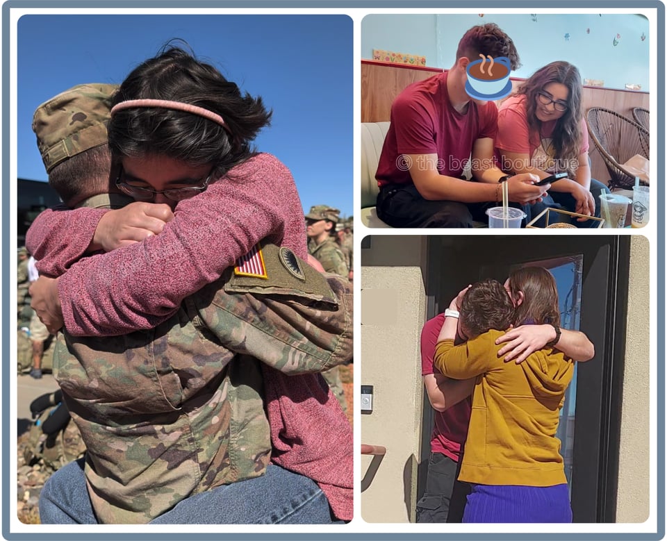 A collage of photos of people hugging a young man with light wavy brown hair while he is wearing a US military uniform or a red t-shirt. One photo has him sitting and showing someone something on his phone. His face is covered or obscured in all the photos.
the shop name, the beast boutique, watermarks the image.