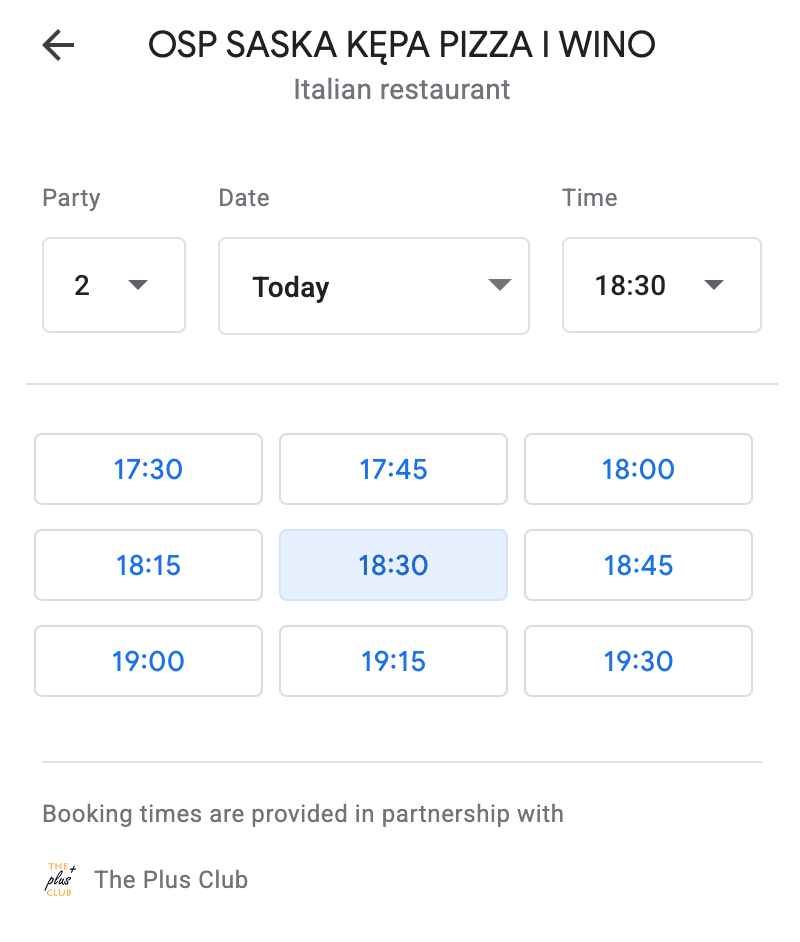 Google Maps UI for booking a restaurant appointment