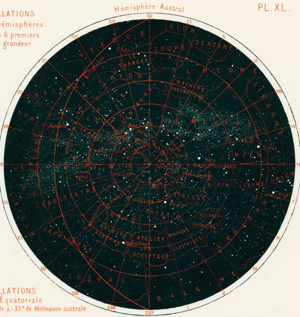a map of the constellations in the night sky in French, labeled "Hémisphère Austral"
