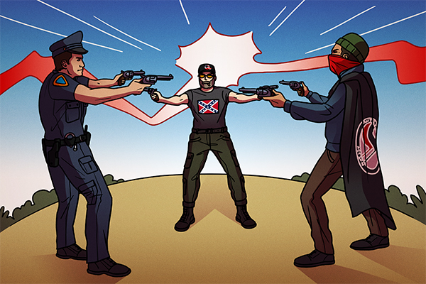 Three people in a Western-style three-way gun standoff. One wears a police uniform, one wears a Confederate flag shirt and QAnon cap, one wears an anti-fascist cape.