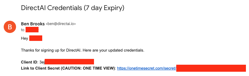 This is a screenshot of a DirectAI onboarding email. It redacts private information and contains a one-time view link to a Client Secret.