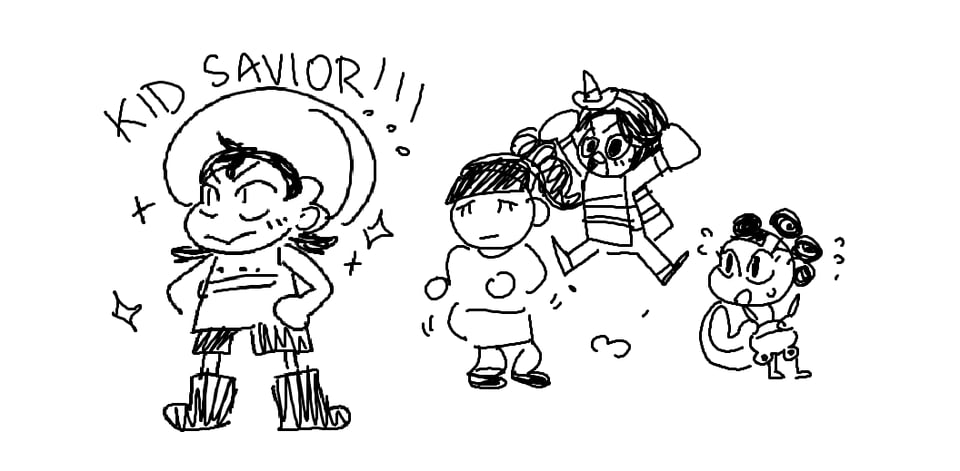 In Stars and Time doodle. Bonnie is standing proudly, hands on their hips. Behind them, three kids from the village are looking at them. One girl is dancing, one child is jumping as if trying to get Bonnie's attention, and the last girl is looking towards Bonnie shyly.