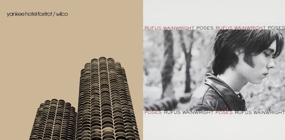 First pic: A low angle photograph, tinted beige-brown, of the two towers of the Marina Complex building in Chicago. It is unsual-lookingin that every level consists of disc or clam-shaped balconies, just hundreds of them stacked on top of each other. Second pic: A black and white photo of Rufus Wainwright in profile. He is a white male with longish dark hair and sideburns. He is wearing a leather jacket. Out of focus behind him are trees, like he's in a park.