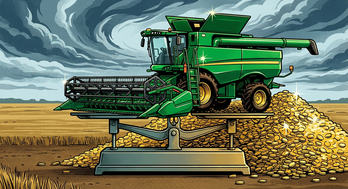 John Deere combine on a scale balanced against a mountain of gold coins