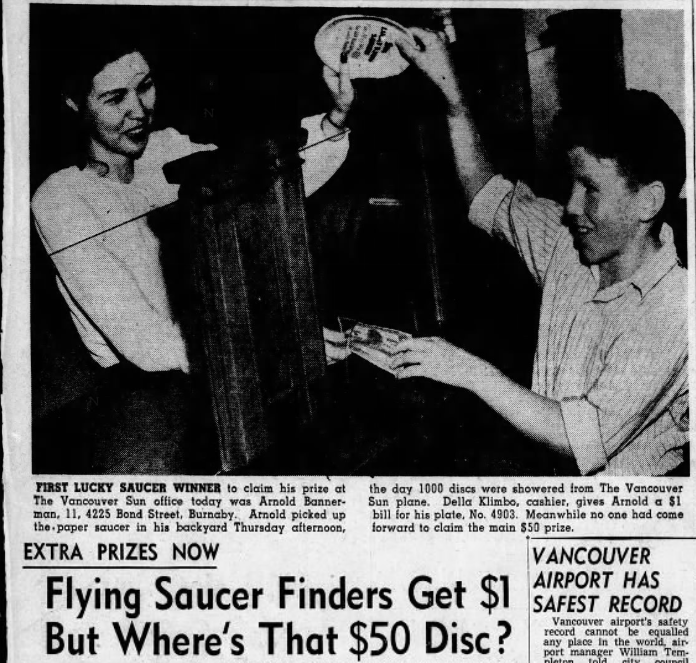 Newspaper clipping. Black and white. A boy hands a woman a paper disc and she hands him a $1 bill. Title of the article below reads "Flying Saucer Finders Get $1 But Where's That $50 disc?