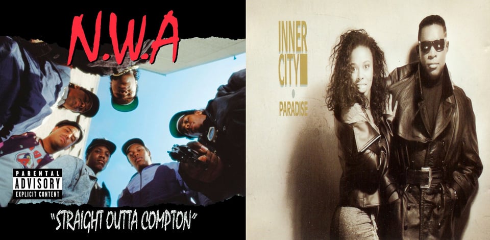 First pic: Six young Black men shot from the ground looking up, so they appear to be standing over you. They are arranged in a circle. One of them is pointing a gun at the camera. They all look a little disappointed, like you fucked up and now they have to kill you. Also, please note there is no period after "A" in N.W.A Second pic: A light-sepia toned photograph of a Black woman and a Black man. They look at the camera. She has long black hair and is turned with her hip towards us and has one arm around his back and the other on his arm. She wears a leather jacket. She has a look of surprise on her face. He has short black hair, sunglasses, and wears a long black leather trenchcoat, with a black shirt underneath. He looks stoic. It is a very MATRIX look, which wouldn't come out for another 10 years.