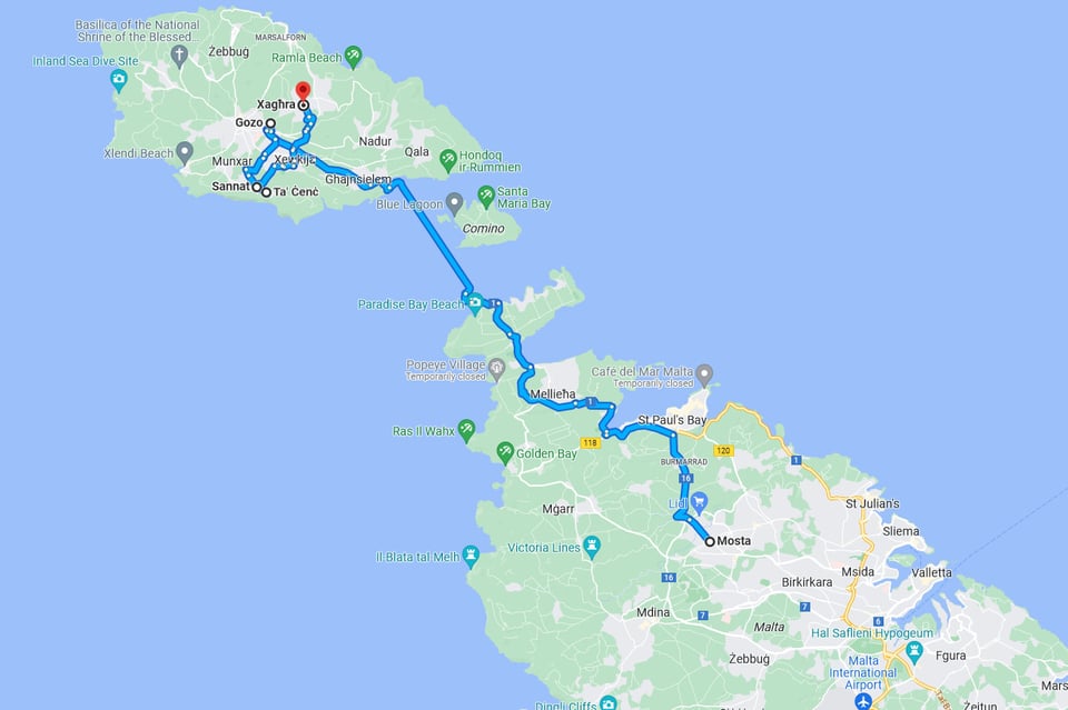 Screenshot of Google Maps, showing a reconstructed path hitting several towns and villages in the Sansuna myth, tracking her progress from Mosta to Xaghra.
