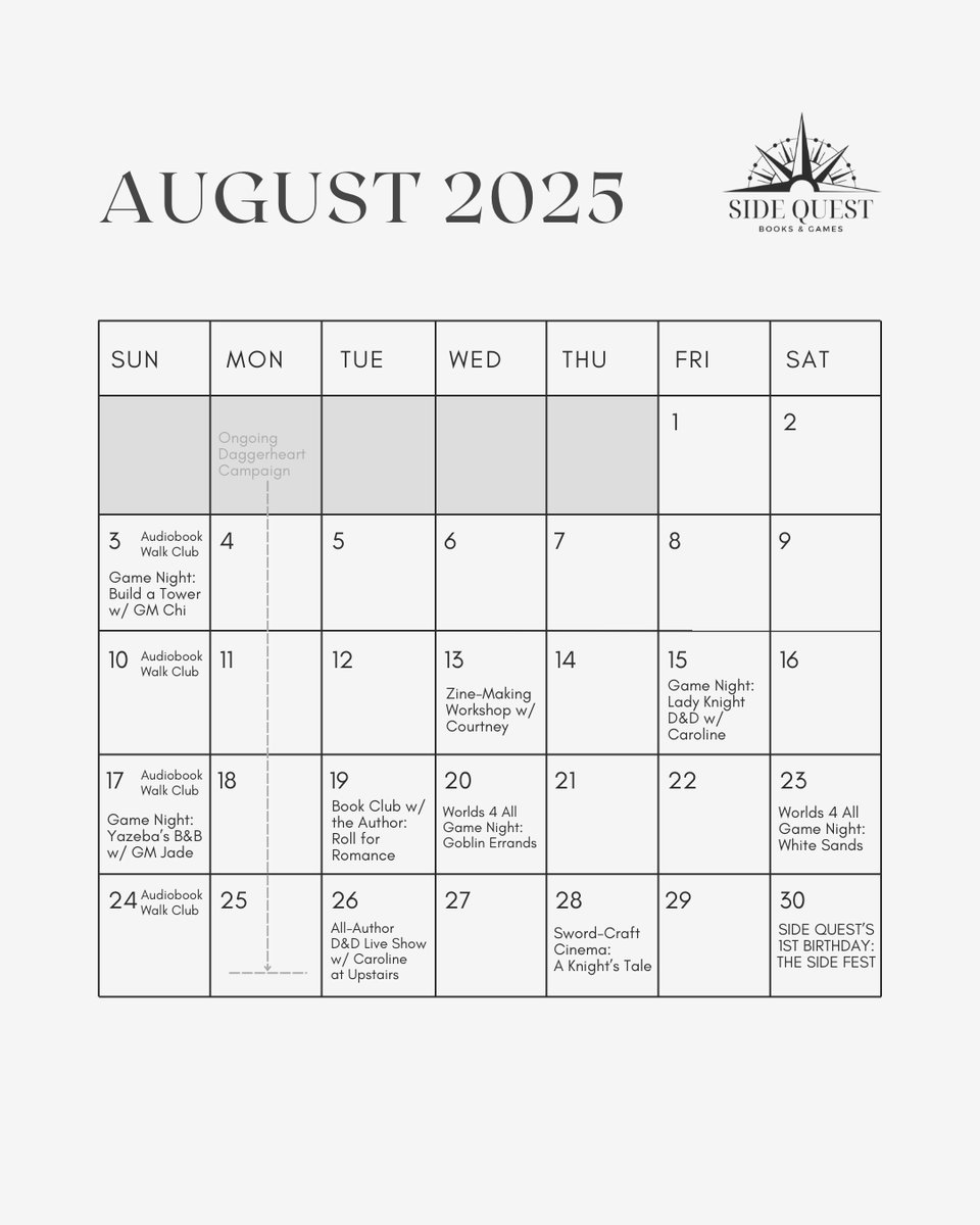 A calendar view of Side Quest's August events
