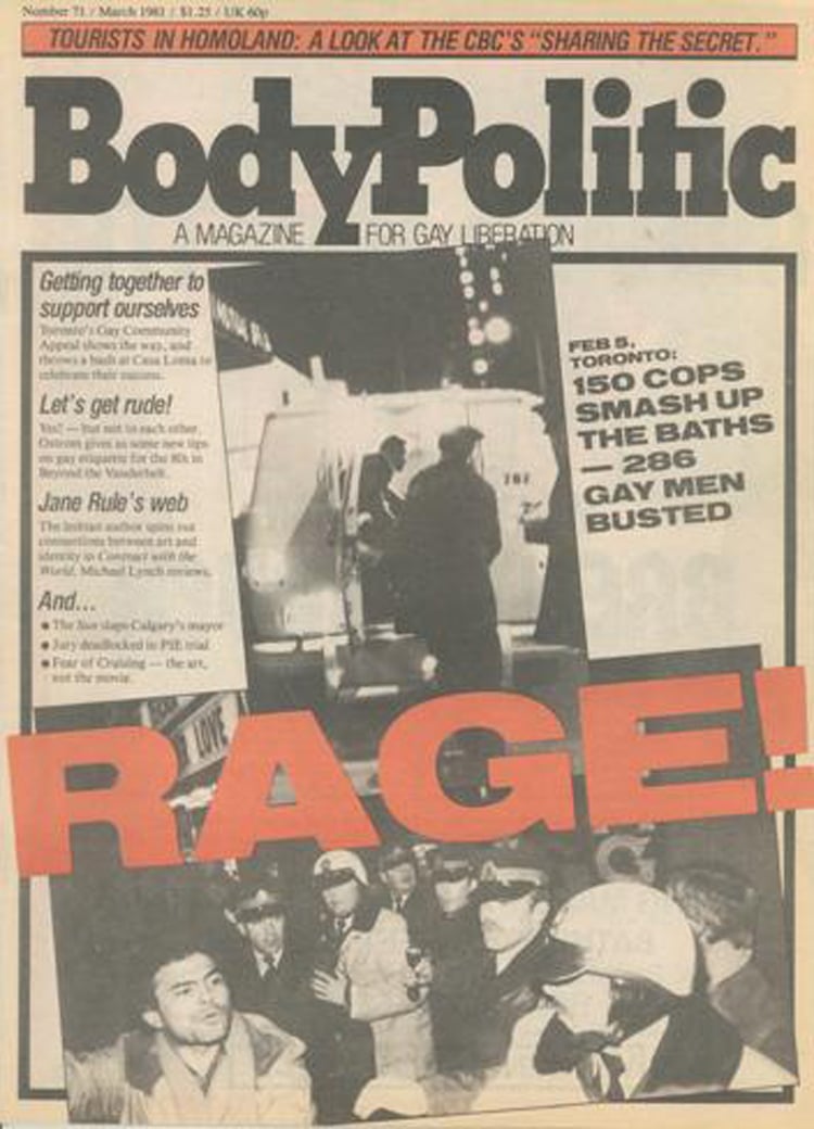 The cover of Canadian gay newsmagazine The Body Politic the week of the bathhouse raids.