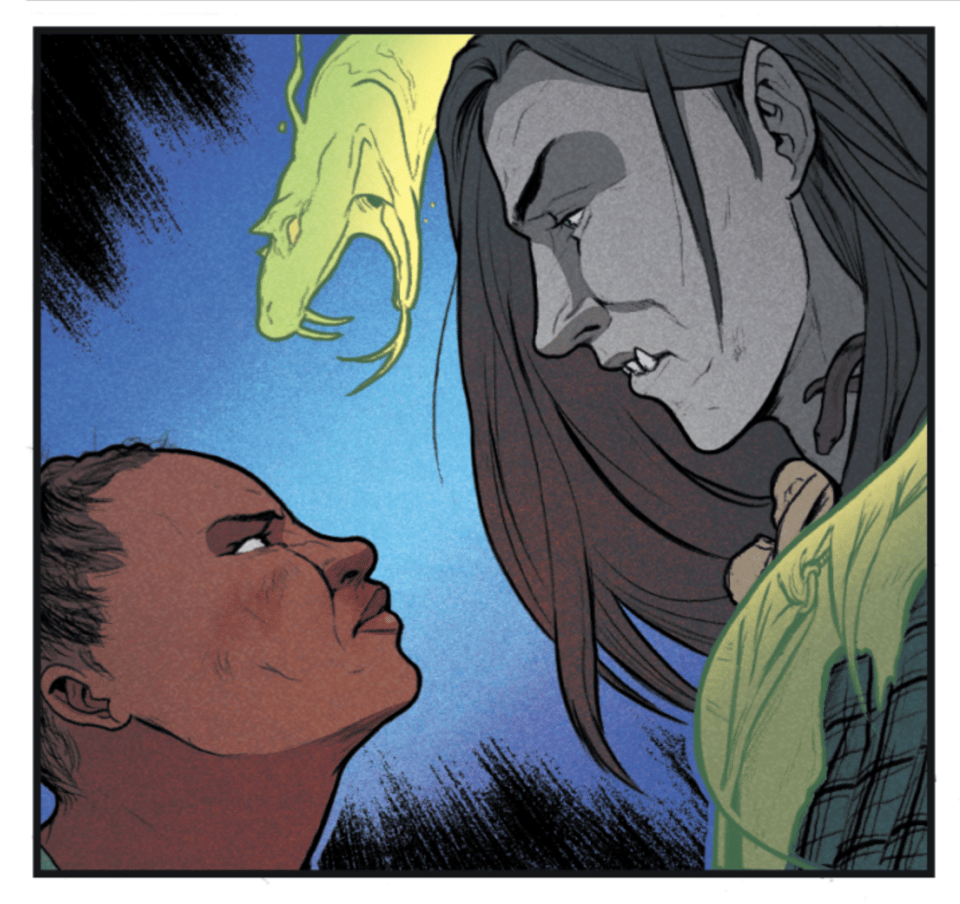 Veteris stares down at Anna, who looks up at him defiantly.