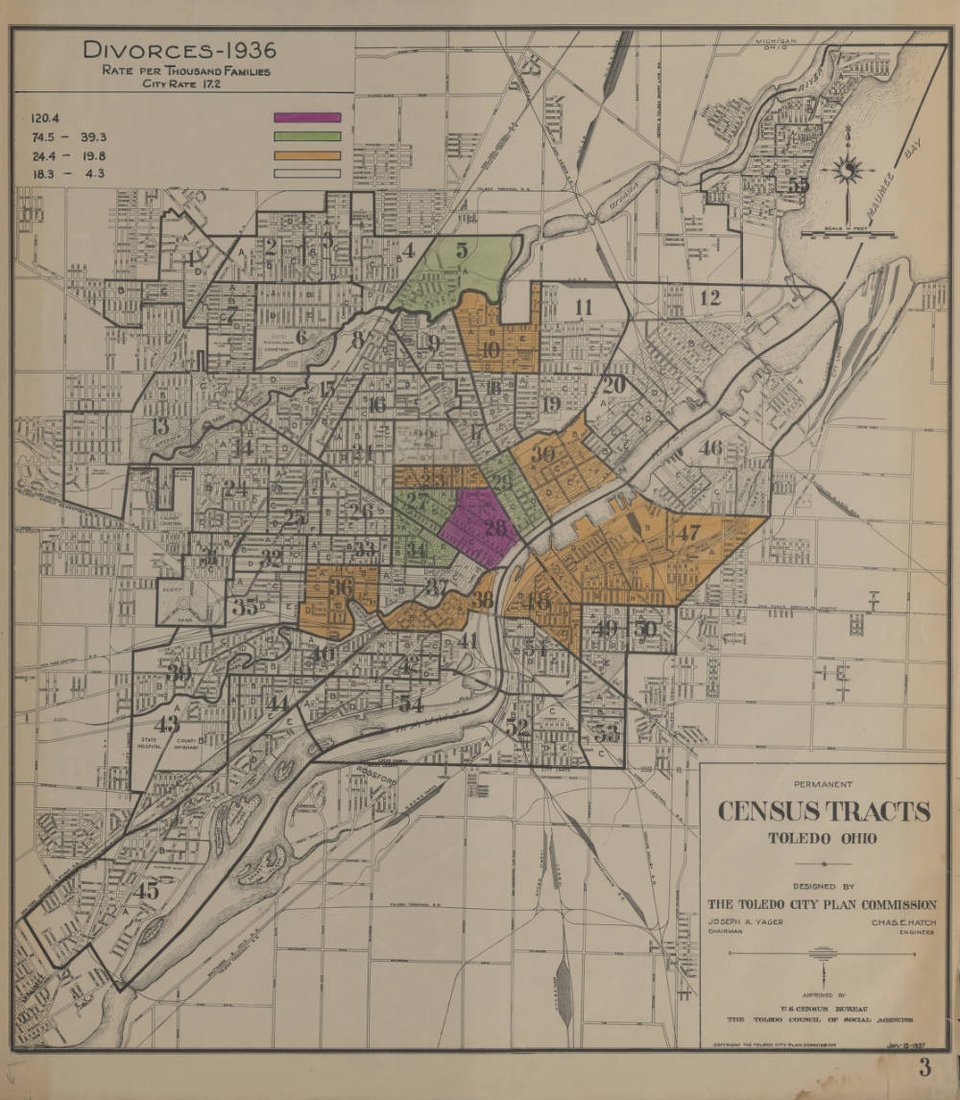 A digitized copy of a 1930s map of divorce rates by census tract based in Toledo, Ohio