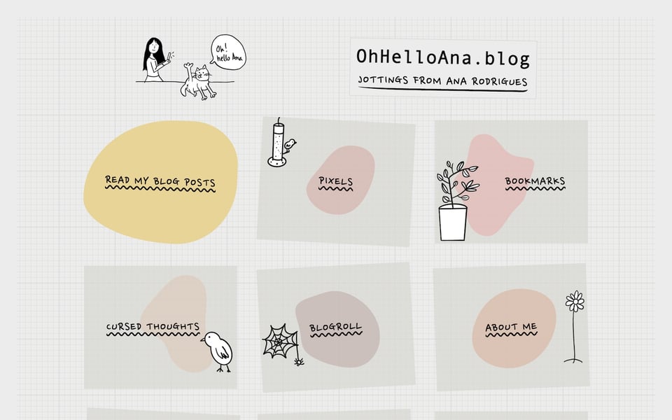 Ana’s home page with hand-drawn illustrations and links to sections like blog posts, pixels, bookmarks, cursed thoughts, blogroll, and about me