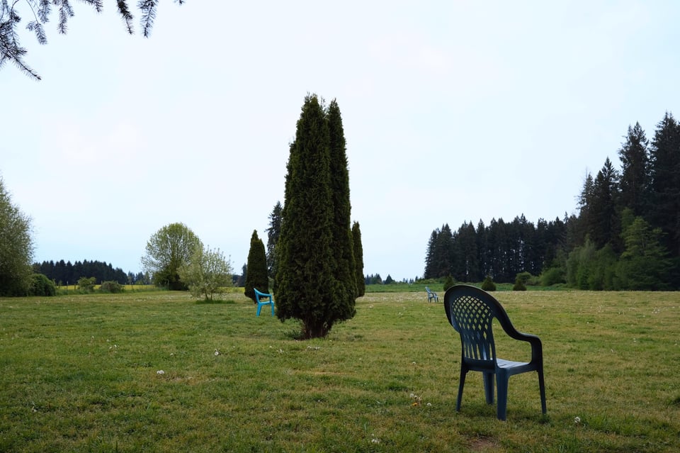 Some chairs in a dog park.