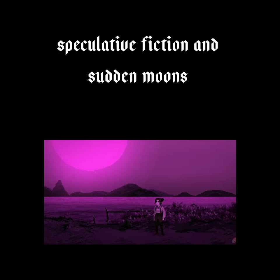 An image from the game Hob's Barrow with a magenta moon overlooking a field.