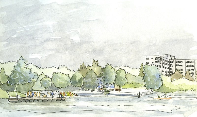 sketch of people boating on a lake