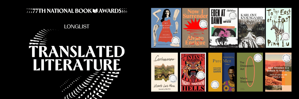 Graphic from the NBA site, showing the NBA translated literature longlist with a large TRANSLATED LITERATURE graphic to the left side.