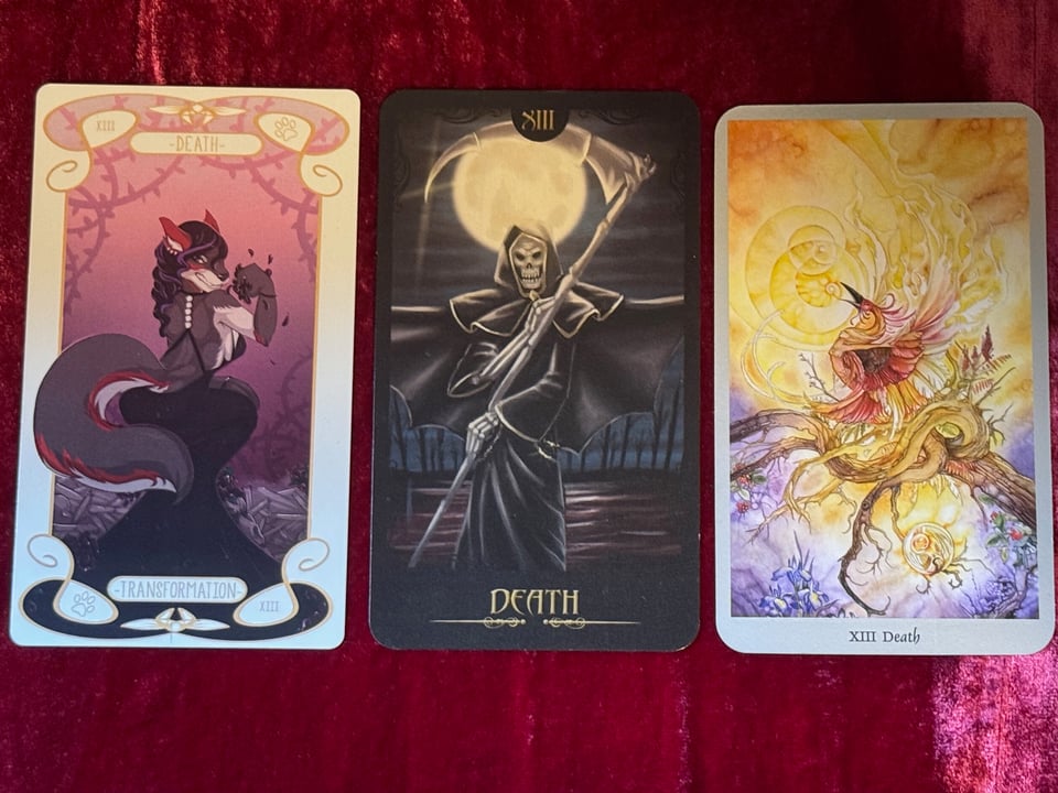 Three Death tarot cards, from left to right: Anthro Deck, a black and red anthropomorphic wolf, sitting on a field of bones, the word Death is written above her head and transformation is written below. Death from the Gothic Horror tarot deck depicts a classic grim reaper holding a scythe under the full moon, XIII on the top of the card and Death on the bottom. Death tarot card from the Shadowscapes tarot deck, depicts a phoenix on a willow branch, a fiery glow surrounding them. XIII Death is written at the bottom of the card.