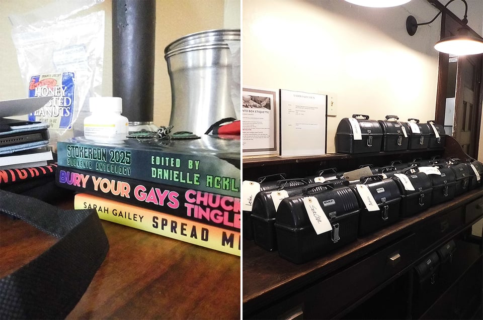 Two digital Instax images: left, a stack of books and other stuff on a hotel room dresser; right a series of black lunchboxes that have tags with people's names on them