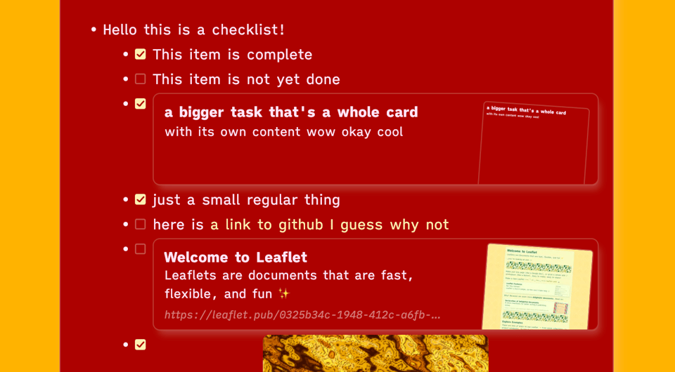 screenshot of Leaflet doc showing an example checklist, with items including text, links, and images