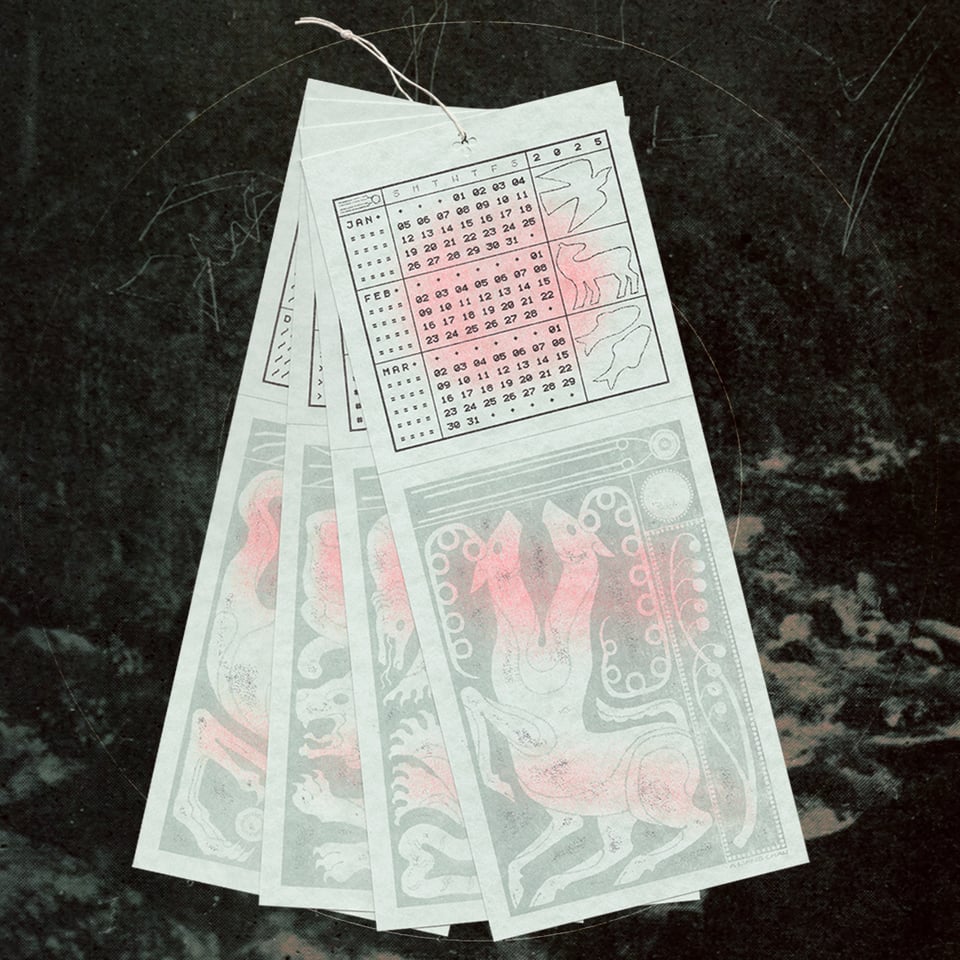 a 4 page quarterly calendar with long vertical pages tied together with a cord loop, featuring light green-gray designs of strange beasts inspired by ancient stone carvings on parchment-esque mist-colored paper.