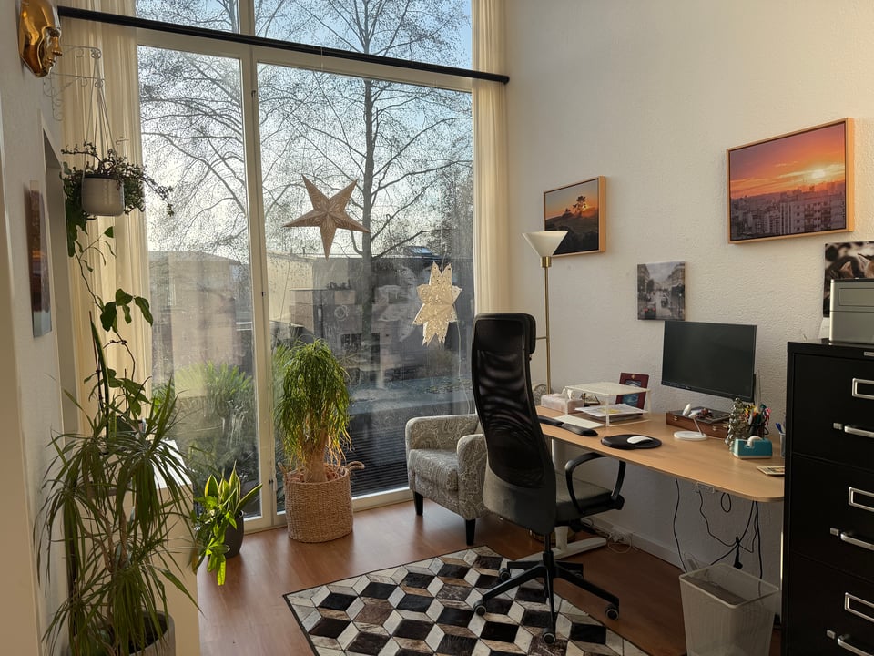 An open plan office space with plants a desk and canvas photos of sunsets on the wall.
