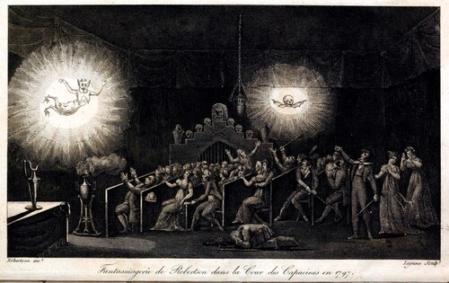 Image of a magic lantern show projecting ghosts and demons with a stricken audience. Image in black and white.