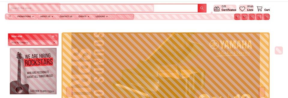 The site's UI is displayed with pink & red angled hash marks, providing a visual indication of where accessibility problems exist. Only the "Cart" link is unhashed.
