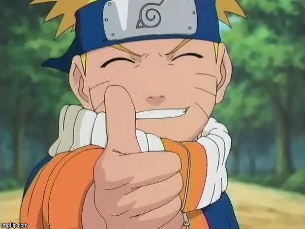 screenshot of naruto uzumaki, a young boy with white skin and blonde hair, smiling and giving the viewer a thumbs up