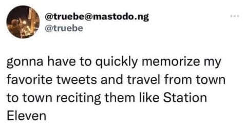 truebe: gonna quickly memorize my favorite tweets and travel from town to town reciting them like Station Eleven